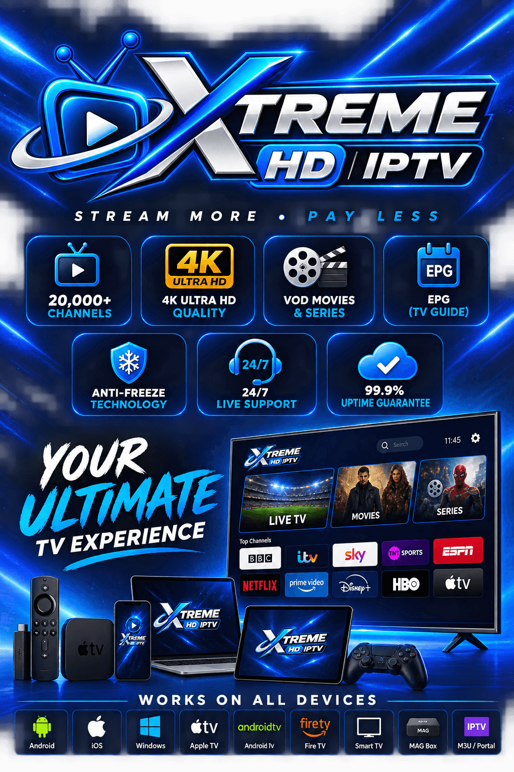 Xtreme HD IPTV shown across TV, laptop, tablet, and mobile devices
